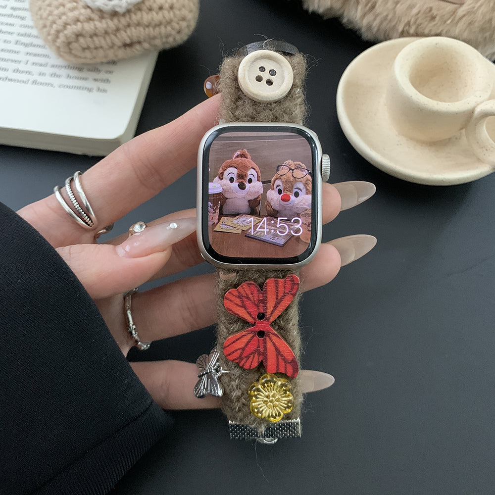 For Apple Watch Series 9 8 7 41mm / 6 5 4 SE (2023) SE (2022) SE 40mm / 3 2 1 38mm Watch Band Plush Strap - Button+Butterfly For Apple Watch Series 9 8 7 41mm / 6 5 4 SE (2023) SE (2022) SE 40mm / 3 2 1 38mm Watch Band Plush Strap - Button+Butterfly